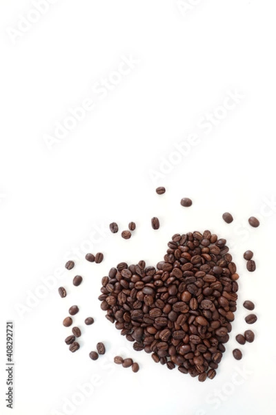 Fototapeta Heart Shaped Coffee beans white background isolated, top view.