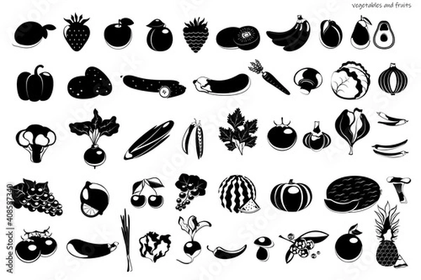 Fototapeta Set of vegetables and fruits in black and white colors.  Healthy Eating.