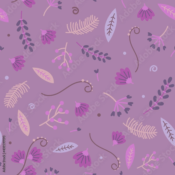 Fototapeta Seamless pattern of purple, pink handdrown flowers and blue, gray leafs and plants on dark violet  background. Vector illustration.