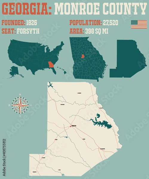 Fototapeta Large and detailed map of Monroe county in Georgia, USA.