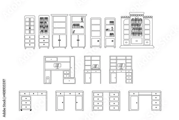 Fototapeta Set of modern, elegant tables, cabinets, bureaus in a simple linear style is isolated on a white background. A collection of comfortable desks with laptops, computers and office cabinets with books.