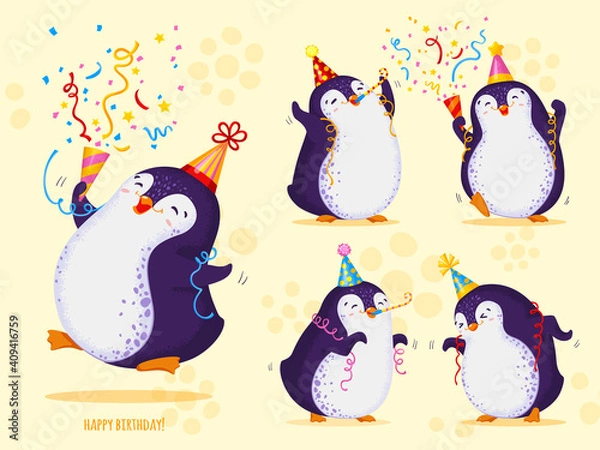 Fototapeta Birthday greeting card with cute penguins. Funny dancing birds in different hats, various poses. Happy birthday. Vector cartoon illustration.