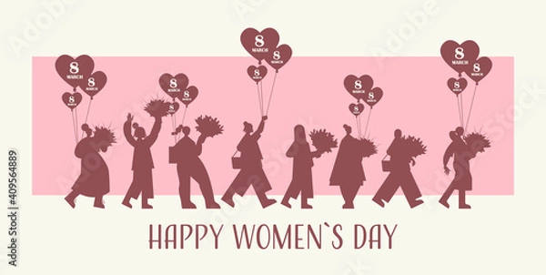 Fototapeta women silhouettes holding bouquets and air balloons womens day 8 march holiday celebration concept full length horizontal vector illustration