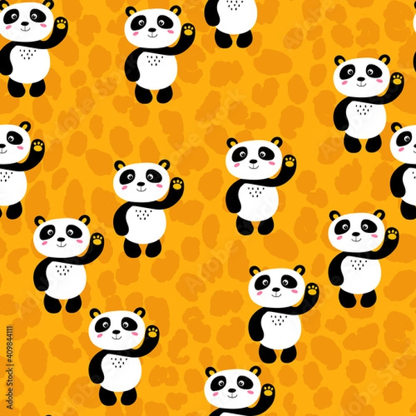 Fototapeta Seamless pattern with cute panda baby on color background. Funny asian animals. Card, postcards for kids. Flat vector illustration for fabric, textile, wallpaper, poster, gift wrapping paper.