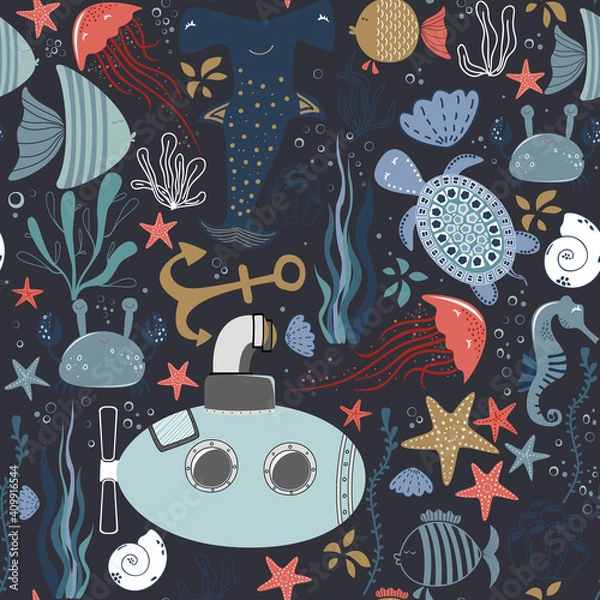 Fototapeta Marine baby seamless pattern with cute marine life