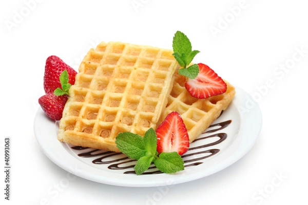 Fototapeta belgium waffles with strawberries and mint