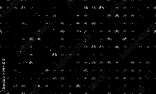 Fototapeta Seamless background pattern of evenly spaced white bicycle symbols of different sizes and opacity. Vector illustration on black background with stars