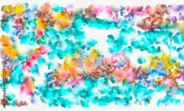 Fototapeta Watercolor abstract streaks with turquoise blue yellow pink spots pattern