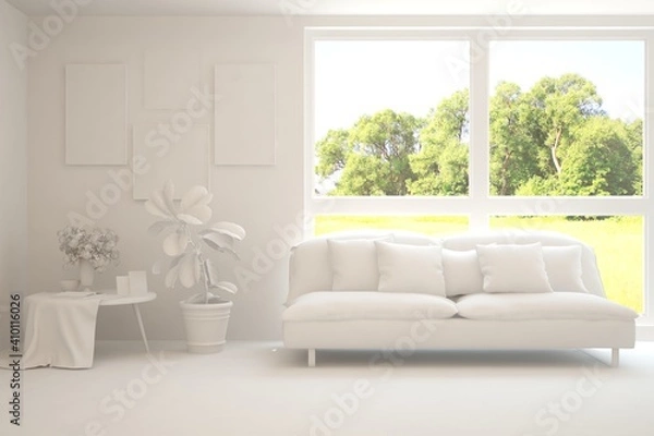 Fototapeta White living room with sofa and summer landscape in window. Scandinavian interior design. 3D illustration