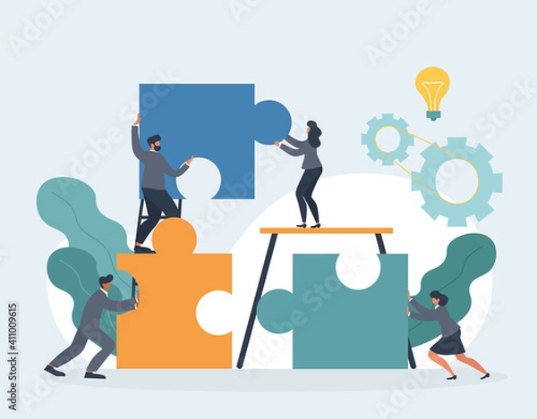 Fototapeta HR concept. Employee engagement and work motivation. Staff professionalism and inspiration. Common goals of the company and employees. Flat cartoon vector illustration with fictional characters