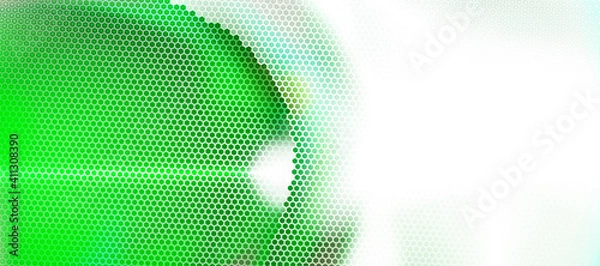 Fototapeta Green and white abstract background textured by hexagons, unearthly technologies, circle blurred interface with hexs. Perforated cover. Minimal composition with hex shapes. Vector illustration Eps 10