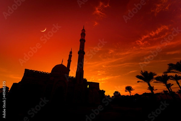 Fototapeta Beautiful large Islamic mosque at the sunset sky background