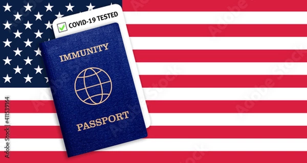 Fototapeta Immunity passport and test result for COVID-19 on flag of USA