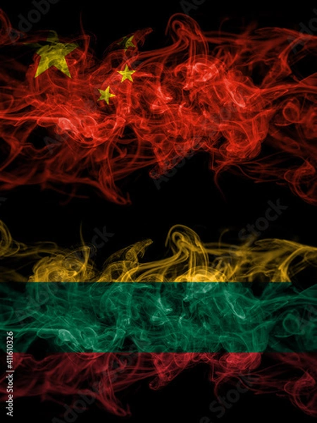 Fototapeta China, Chinese vs Lithuania, Lithuanian smoky mystic flags placed side by side. Thick colored silky abstract smoke flags.