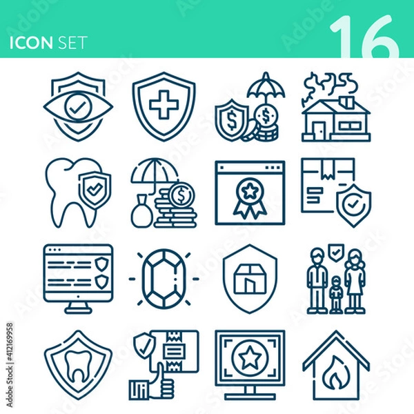 Fototapeta Simple set of 16 icons related to assurance