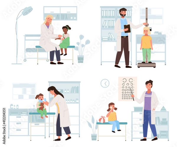 Fototapeta A set of illustrations on the topic of work with small patients in hospital. Children visiting the pediatrician. Doctor checks the eyes, throat and height of children. Orthopedist treats a girl