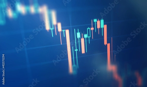 Fototapeta Closeup financial chart in stock market on monitor background. Chart graph as investment concept. Crisis background, red