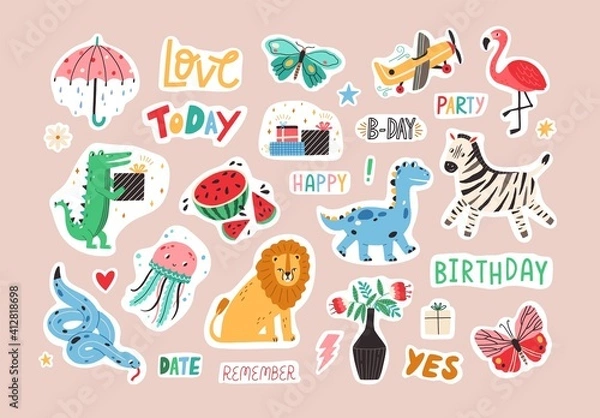 Fototapeta Set of colorful stickers with cute and funny animals and lettering. Hand-drawn characters and handwritten words for notebook, scrapbook or planner. Colored flat graphic vector isolated illustrations