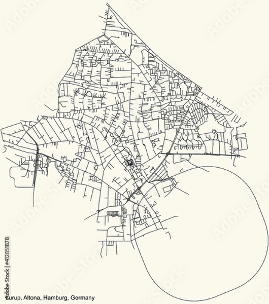 Fototapeta Black simple detailed street roads map on vintage beige background of the neighbourhood Lurup quarter of the Altona borough (bezirk) of the Free and Hanseatic City of Hamburg, Germany