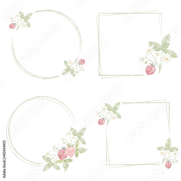 Fototapeta minimal watercolor hand drawn wild strawberry wreath frame collection