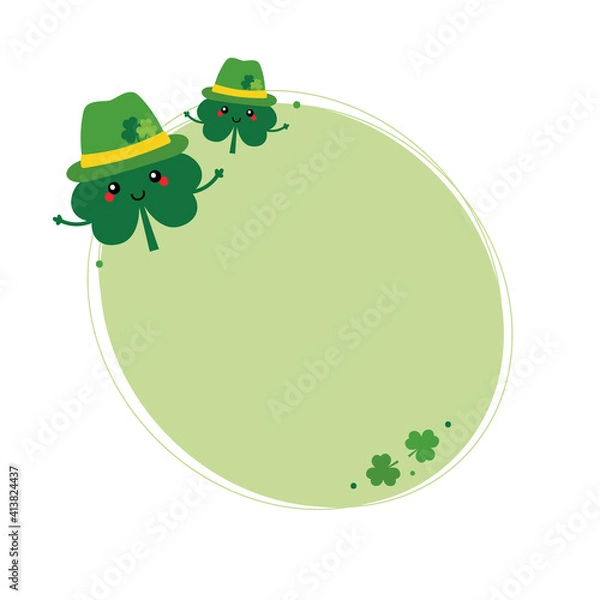 Fototapeta Green oval vector background with cute happy cartoon clover leaves characters for St.Patrick's Day design.