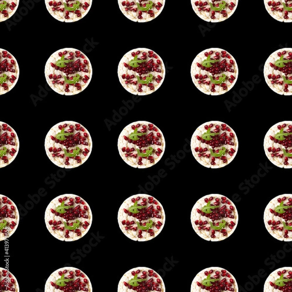 Fototapeta Seamless pattern from galettHealthy breakfast with rice cake and pomegranate on black flat lay