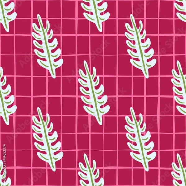 Fototapeta Green and white colored leaf branches ornament seamless pattern. Pink chequered background. Bright print.