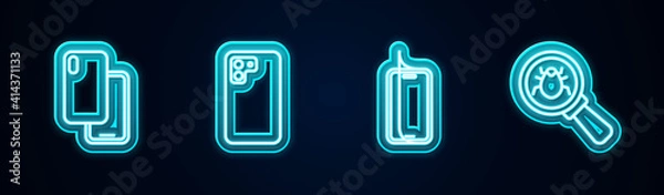 Fototapeta Set line Smartphone, , Glass screen protector and System bug. Glowing neon icon. Vector.