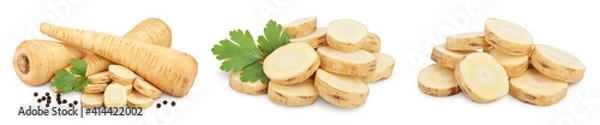 Obraz Parsnip root and slices with parsley isolated on white background closeup, Set or collection