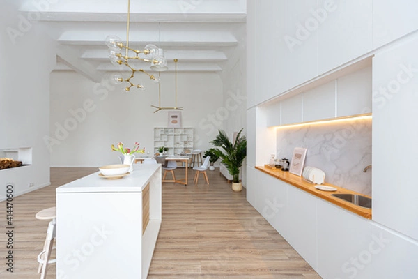 Fototapeta interior design spacious bright studio apartment in Scandinavian style and warm pastel white and beige colors. trendy furniture in the living area and modern details in the kitchen area.