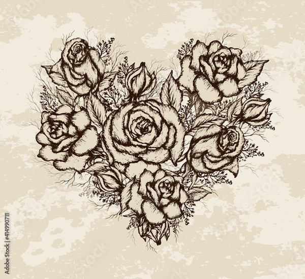 Obraz Floral bouquet of summer roses. realistic, hand-drawn elements of flowers in the shape of a heart. romantic bouquet for advertising, wallpaper, paper, decor, greeting cards, invitations. vintage style