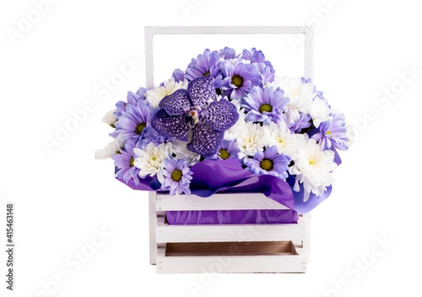 Fototapeta Isolated basket of purple and white flowers for wedding invitation, anniversary, birthday, declaration of love