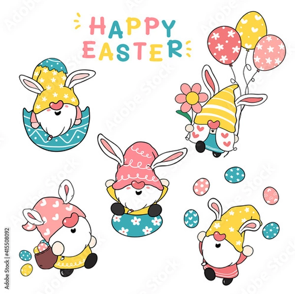 Fototapeta Cute Bunny ears Gnome Happy Easter pastel cartoon doodle illustration clip art collection