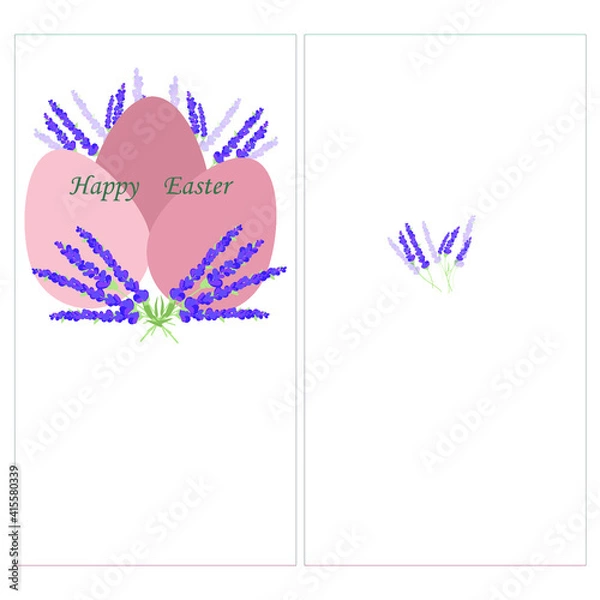 Fototapeta Postcard. Happy Easter. Eggs and gray lavender. Present. Children. Joy. On a white background .