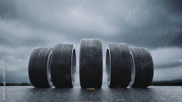 Fototapeta 3d render car tires rolling on wet asphalt in the rain with a thunderstorm