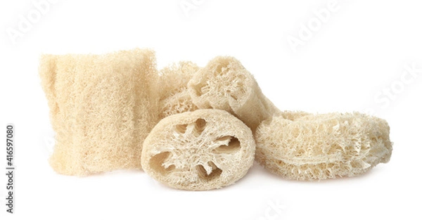 Fototapeta Natural shower loofah sponges on white background