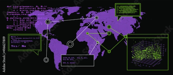 Fototapeta Sci-fi retrofuturistic dashboard with message boxes and windows. Computer screen of hacker's desktop with programs and charts, map of the world. 