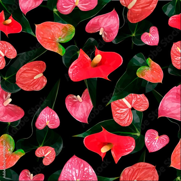 Fototapeta Vector bright red seamless pattern Anthurium flowers isolated on black background. Floral heart shape design elements in low poly style. 