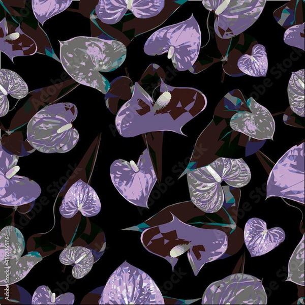 Fototapeta Vector dark purple seamless pattern Anthurium flowers isolated on black background. Floral heart shape design elements in low poly style.