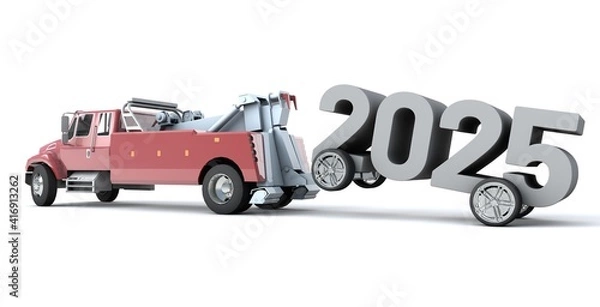 Fototapeta 3D illustration of truck towing the number 2025 with wheels