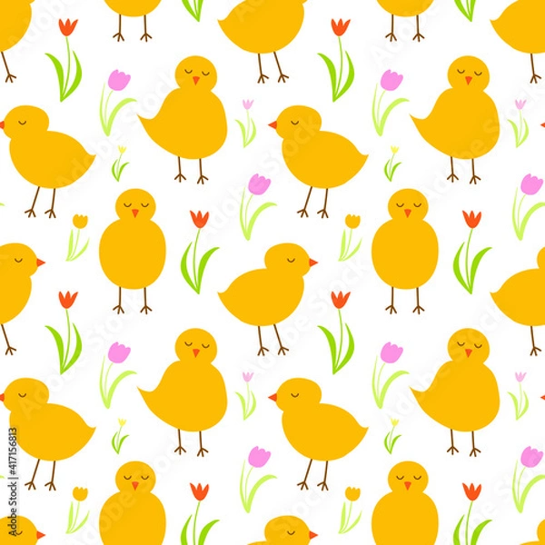 Fototapeta Happy Easter. Vector Easter seamless pattern with chickens, tulips. Cute baby chickens on white background. Home kitchen textile, wrapping paper, wallpapers, decoration.