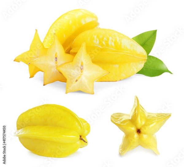 Fototapeta Set with delicious ripe carambola fruits on white background