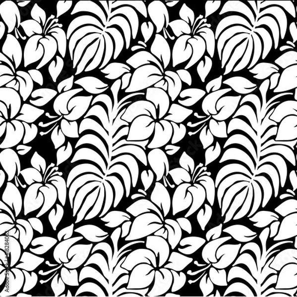 Fototapeta Black and white tropical leaves and flowers seamless pattern. Vector illustration.