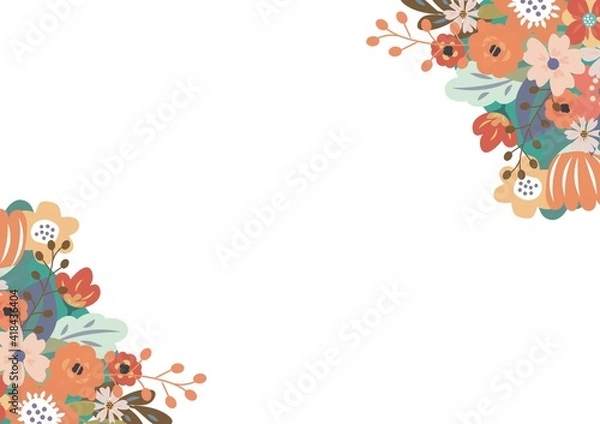 Fototapeta Illustration of colourful flowers in two corners with copy space on white background