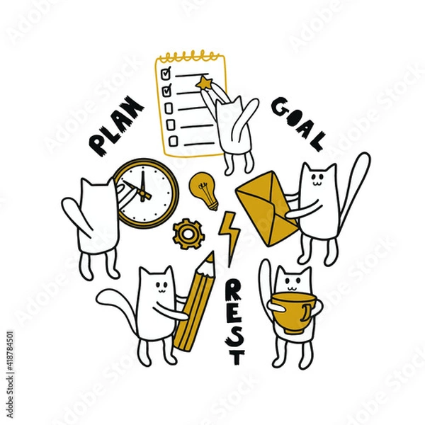 Fototapeta Cute  busy cats vector clip art. Perfect for creating plane cover, cards and stationery, decorating blog or website, designing posters and room decor.Cartoon business planning, hand drawn style.