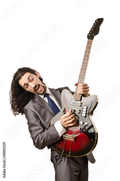 Fototapeta Guitar player in business suit on white