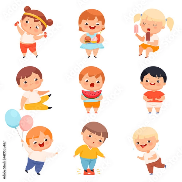 Fototapeta Little Boy and Girl with Overweight and Body Fat Eating and Engaged in Sportive Activity Vector Set