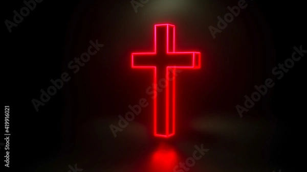 Fototapeta glowing Christian cross on a black background. 3d render illustration