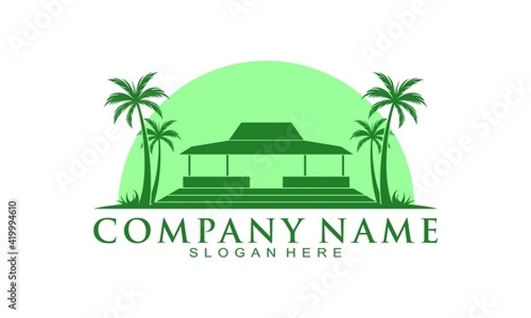 Fototapeta Wooden house and coconut tree vector logo