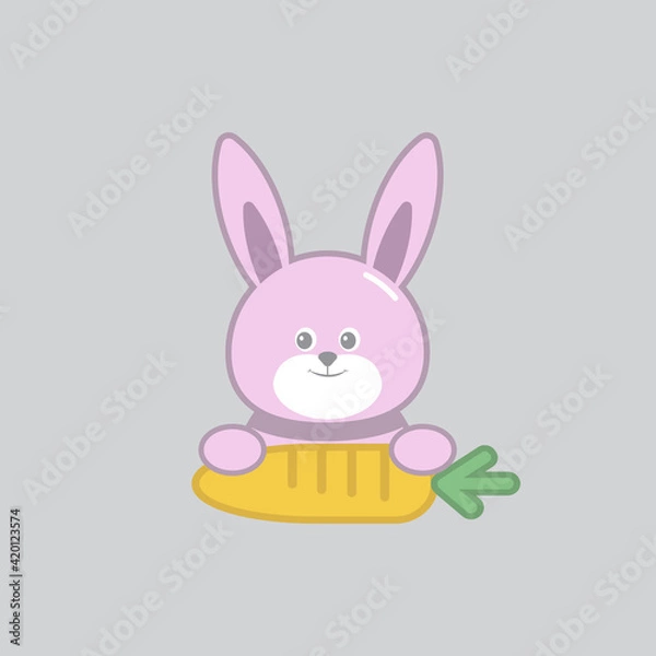 Fototapeta Bunny with a carrot isolated on grey background. Vector cartoon close-up illustration.